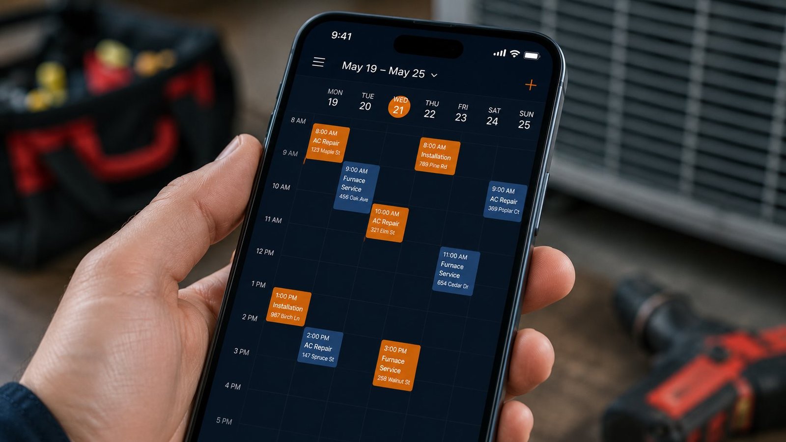 HVAC job calendar app showing booked appointments