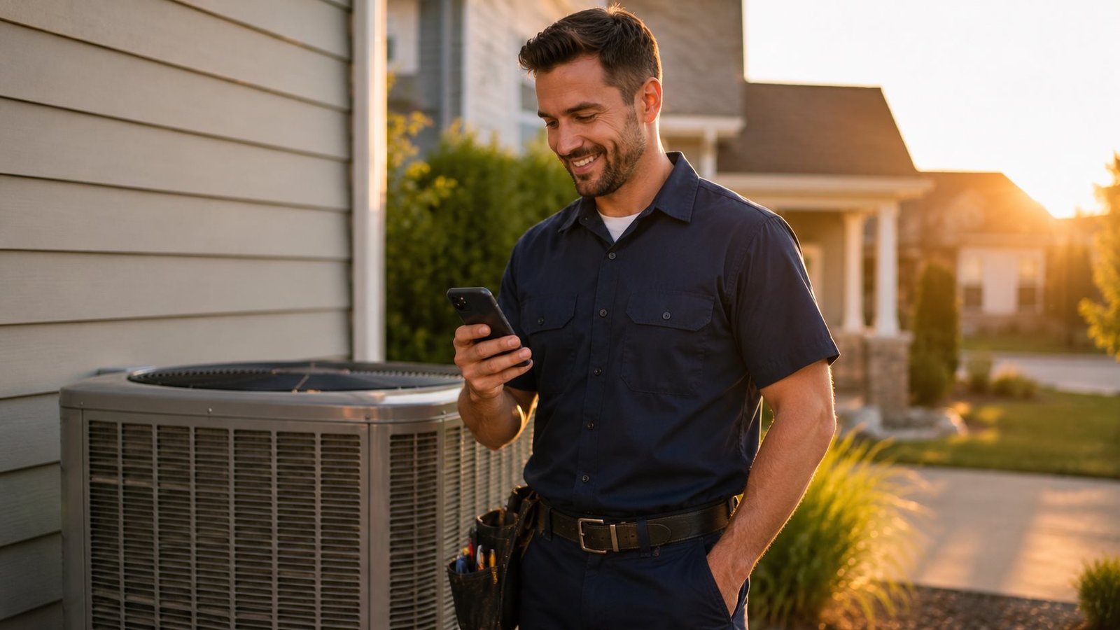 HVAC contractor checking phone on job site