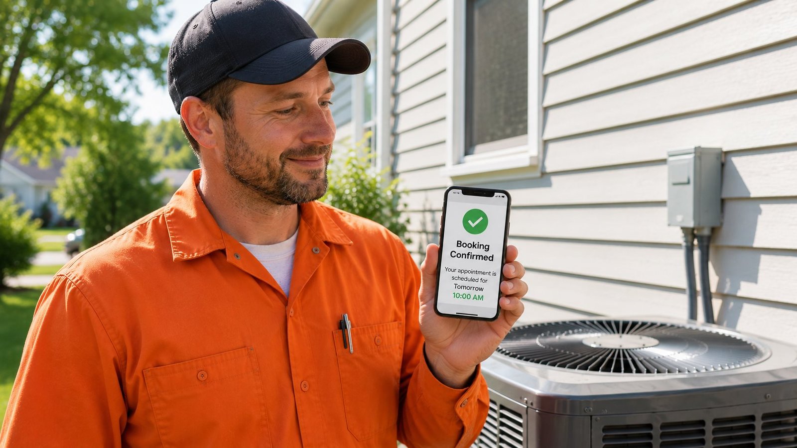 HVAC contractor using mobile app on job site