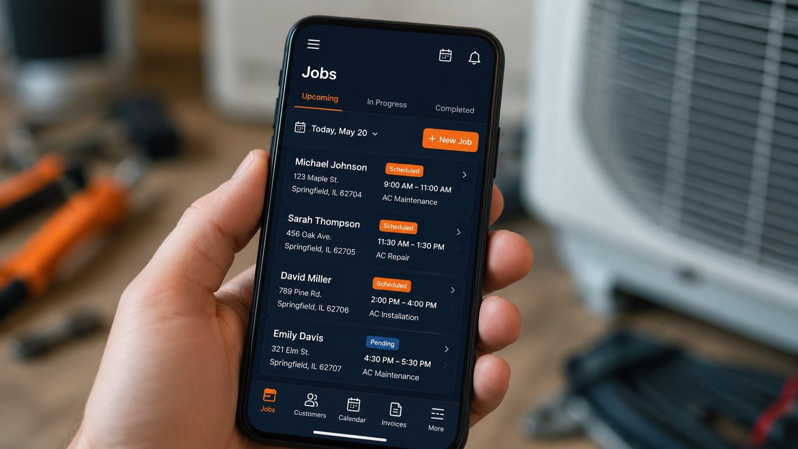 HVAC job booking dashboard on smartphone