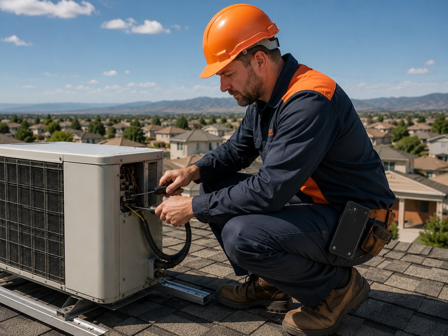 HVAC contractor working on rooftop unable to answer phone